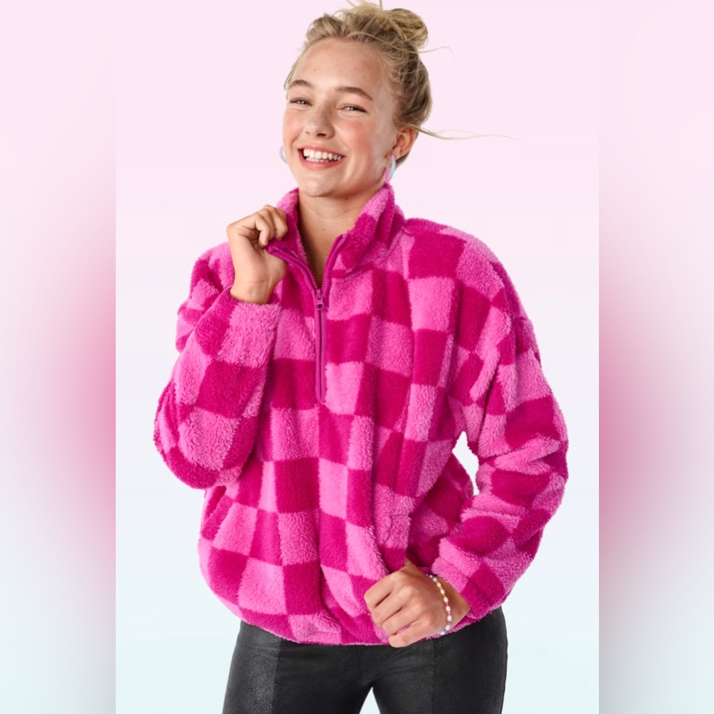 Sugar & Jade Tween Girls Print Sherpa Oversized Half-Zip Pullover‎ - Pink